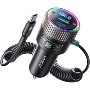 60W Bluetooth 5.4 Car Adapter FM Transmitter PD 30W & Type C Coiled Black